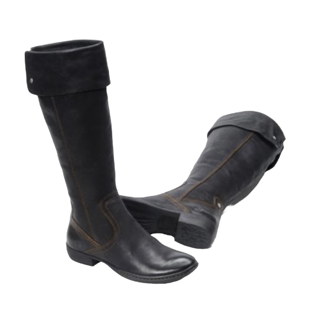 Born Tall Fold-Over Leather Riding Boots in Black with Gray Trim - Picture 2 of 15